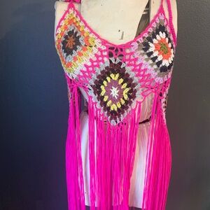 Vibrant Festival Ready Pink Crochet Fringe Top Size LG